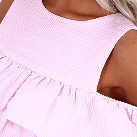 Pink Off Shoulder Stripped Ruffles A-Line Dress - Picture 4 of 5